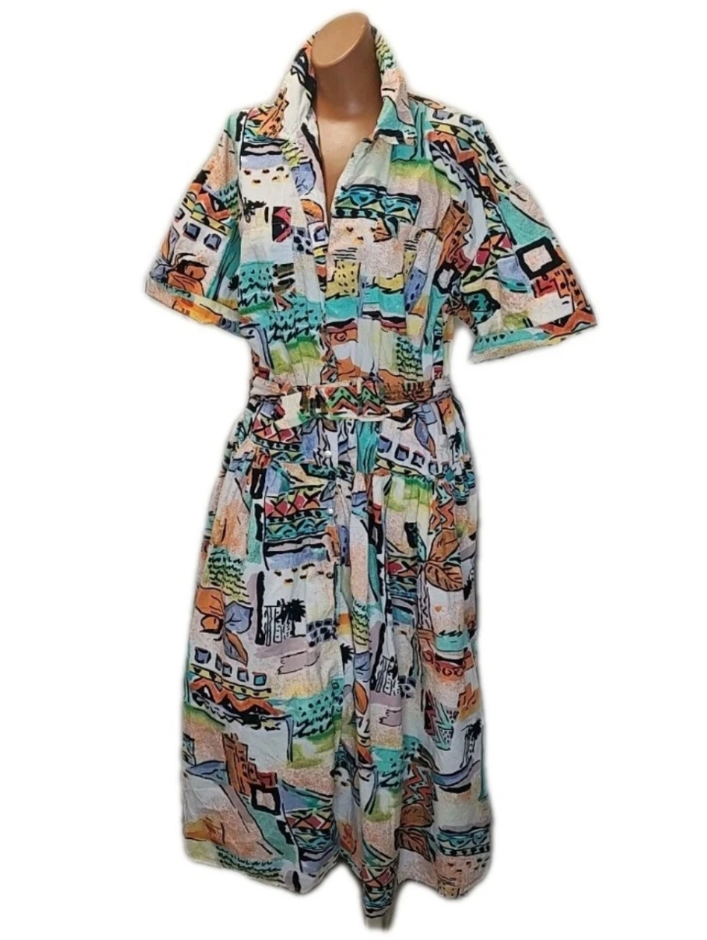 Vtg 80s Southwest Shirt Dress L 14 Vacation Artsy Watercolor Button Front Belted